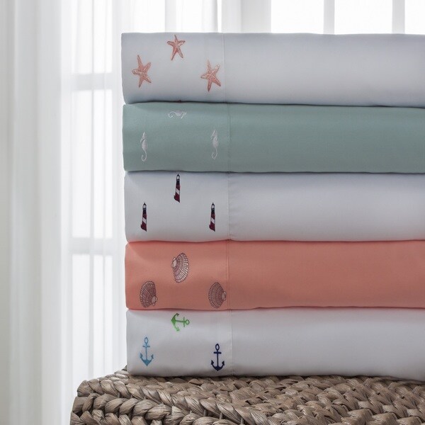 Hotel Coastal Embroidered 4-piece Microfiber Sheet Set