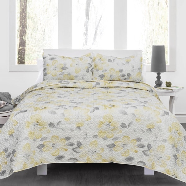 Twin Full Queen King Bed Yellow Gray Blue Floral 3 Pc Cotton Quilt