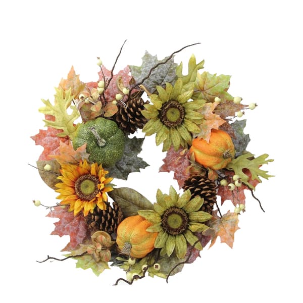 24-inch Faux Sunflowers, Pumpkins Fall Wreath