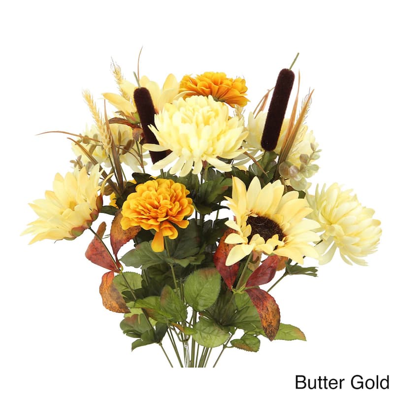 Admired by Nature Sunflower, Mum, and Zinna Multicolored Silk 18-stem Artificial Mixed Flowers Bush - GPB6405-BUTTER/GD