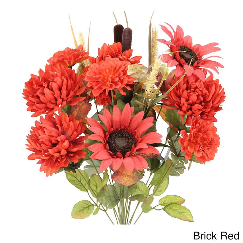 Admired by Nature Sunflower, Mum, and Zinna Multicolored Silk 18-stem Artificial Mixed Flowers Bush - GPB6405-BRICK RD