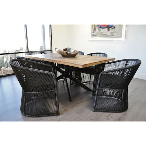SOLIS Natura 7-Piece Dining Set with Natural Solid Wood and Black Rattan Chairs