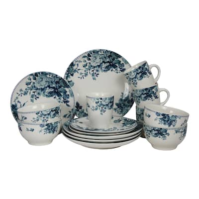 Elama Traditional Blue Rose Stoneware Dinnerware Set (Case of 16)