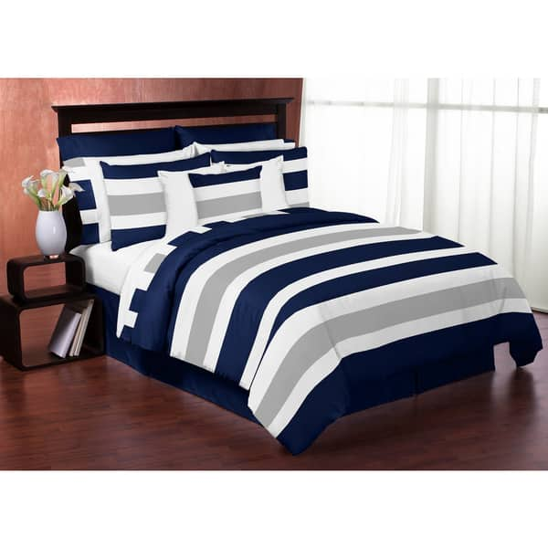 slide 2 of 2, Sweet Jojo Designs Navy Blue and Gray Stripe 4-piece Twin Comforter Set