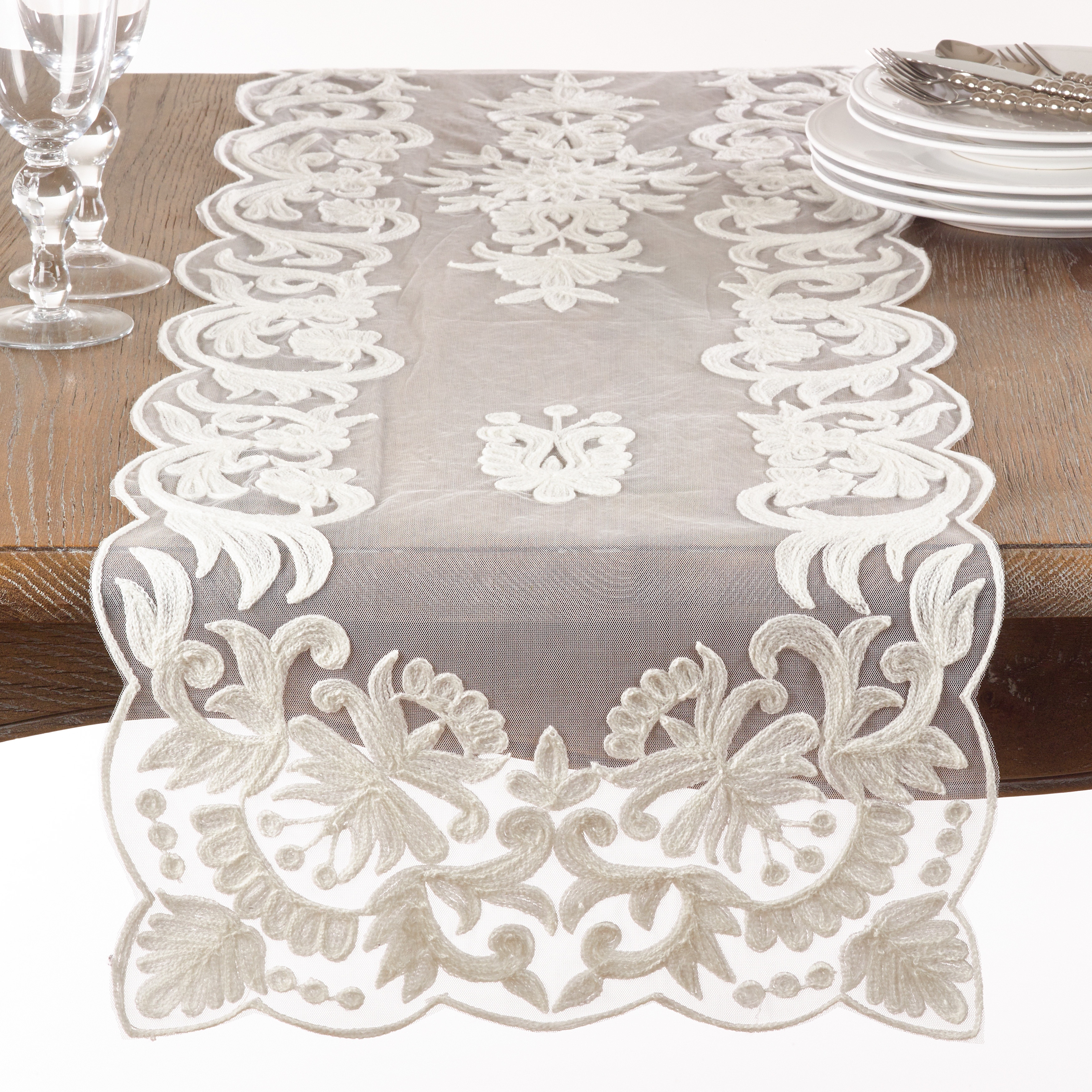 Embroidered Flourishes Table Runner Ivory 789323299345 | eBay