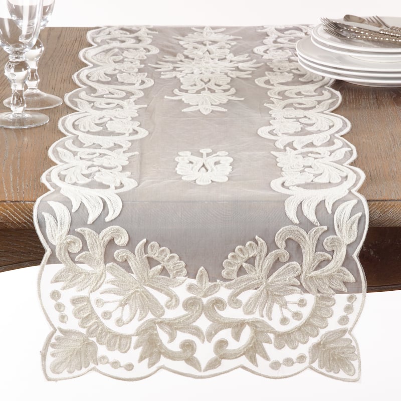 Embroidered Flourishes Table Runner - Ivory