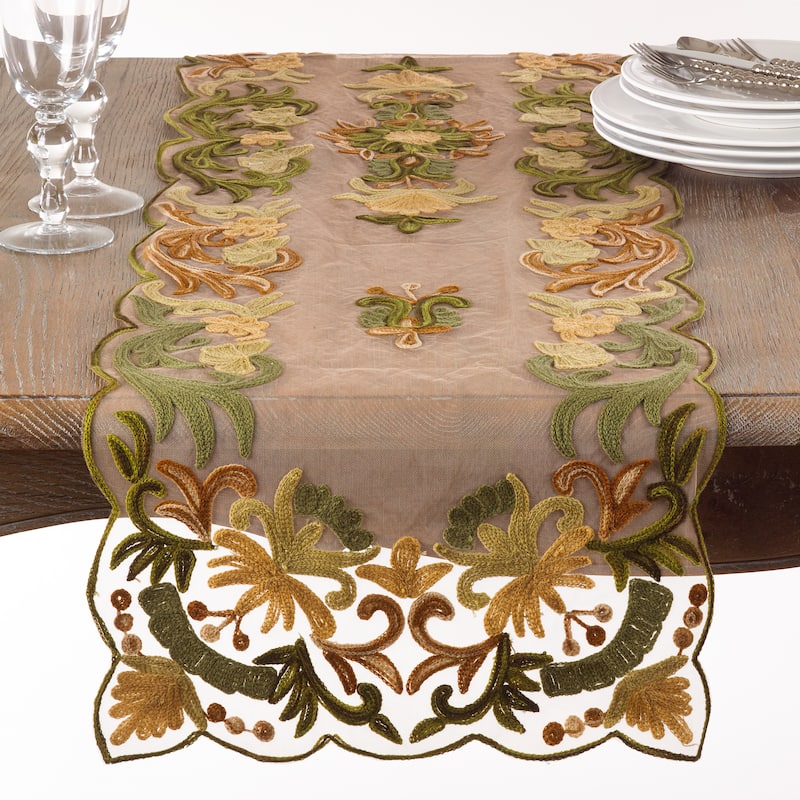 Embroidered Flourishes Table Runner - Green