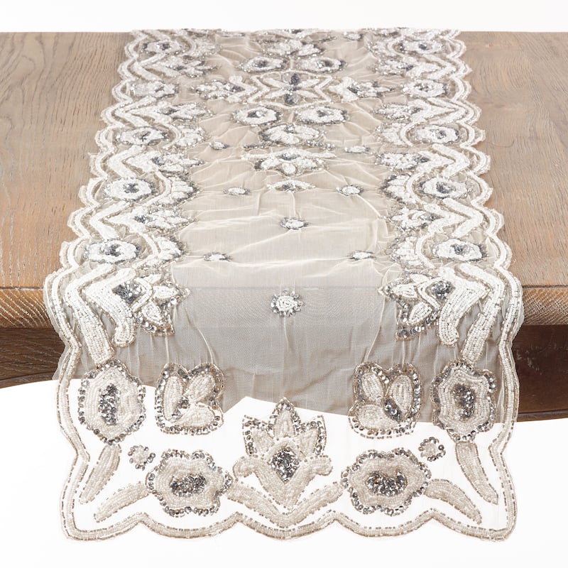 Hand-Beaded Table Runner - Silver