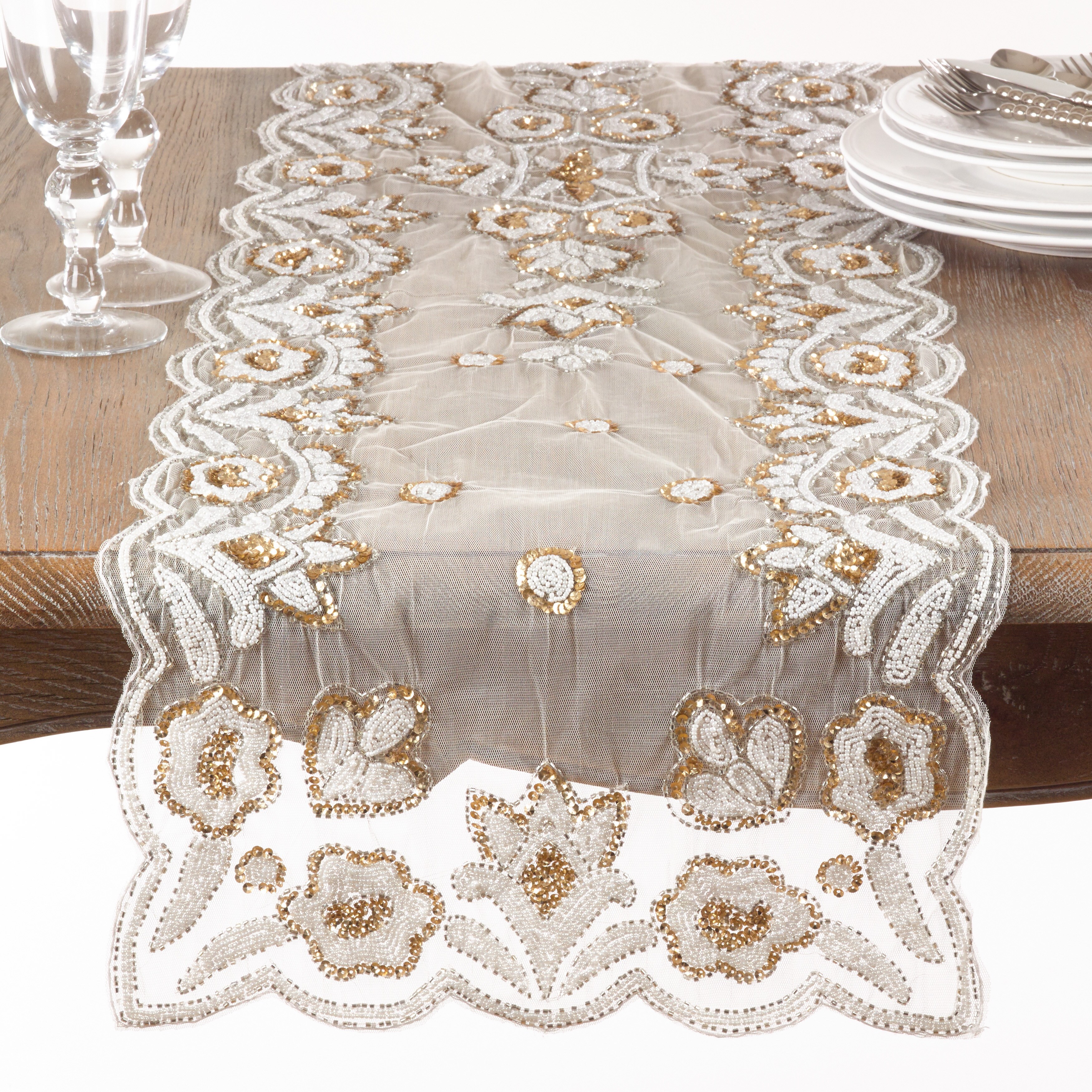 Enliven, Handmade beaded table runner, pearl white, wedding table runner  13x48inch