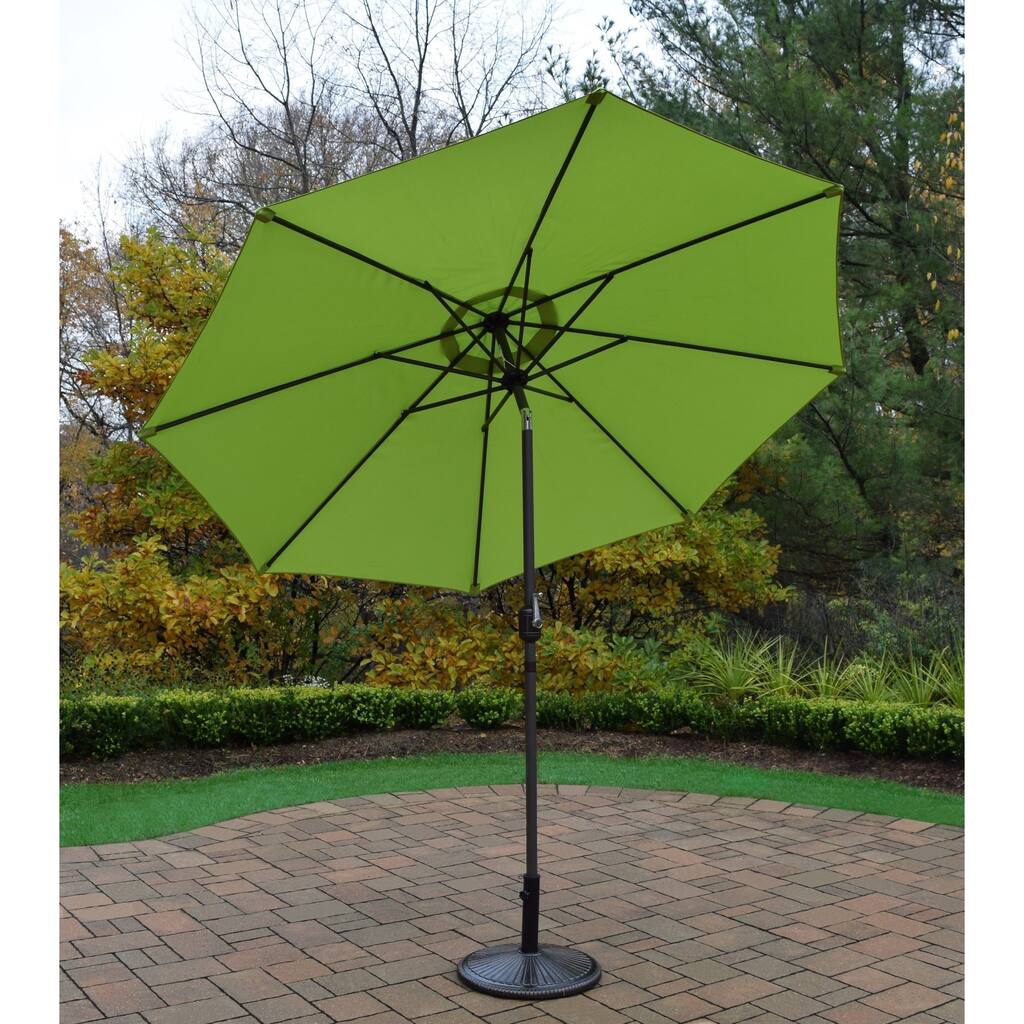 Oasis Green 9-foot Umbrella with Crank and Tilt System and Cast Iron Stand