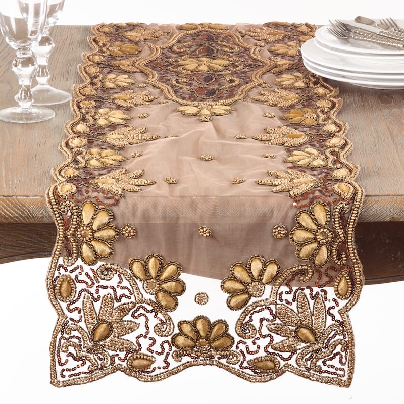 Floral Hand-Beaded Table Runner