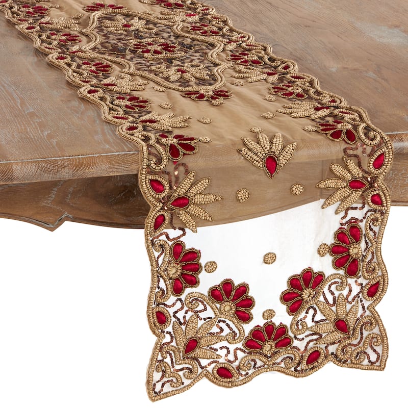 Floral Hand-Beaded Table Runner
