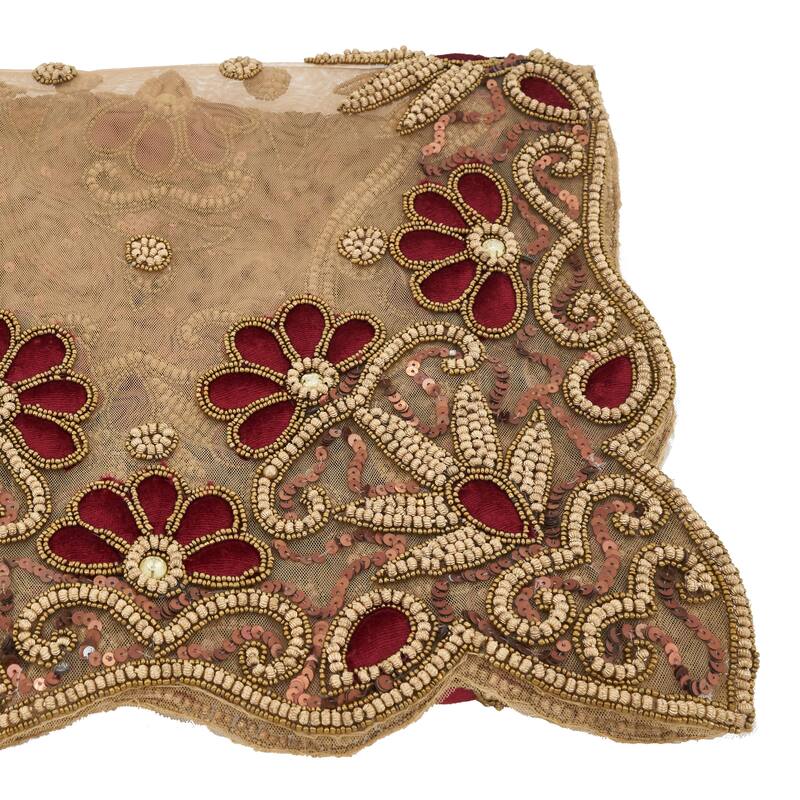 Floral Hand-Beaded Table Runner - Burgundy - 16"x90"