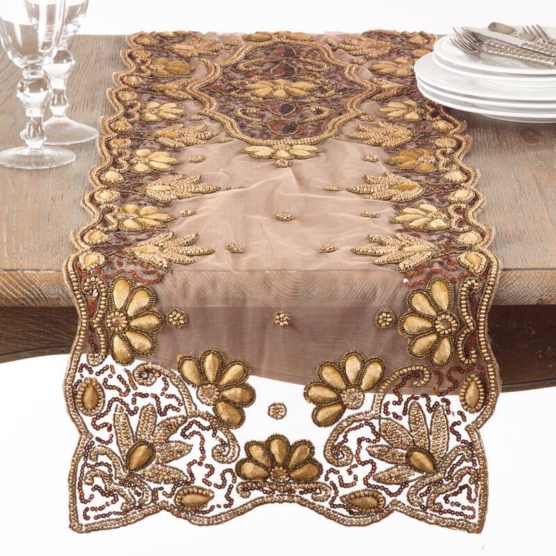 Floral Hand-Beaded Table Runner