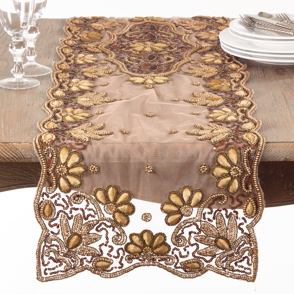 Floral Hand-Beaded Table Runner