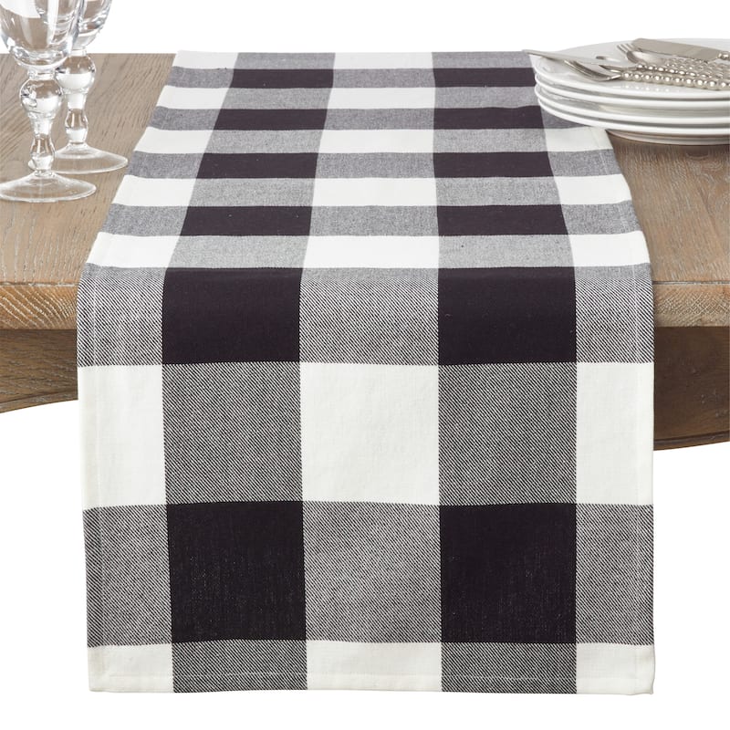 Cotton Table Runner With Buffalo Plaid Pattern - Black - 16 x 90