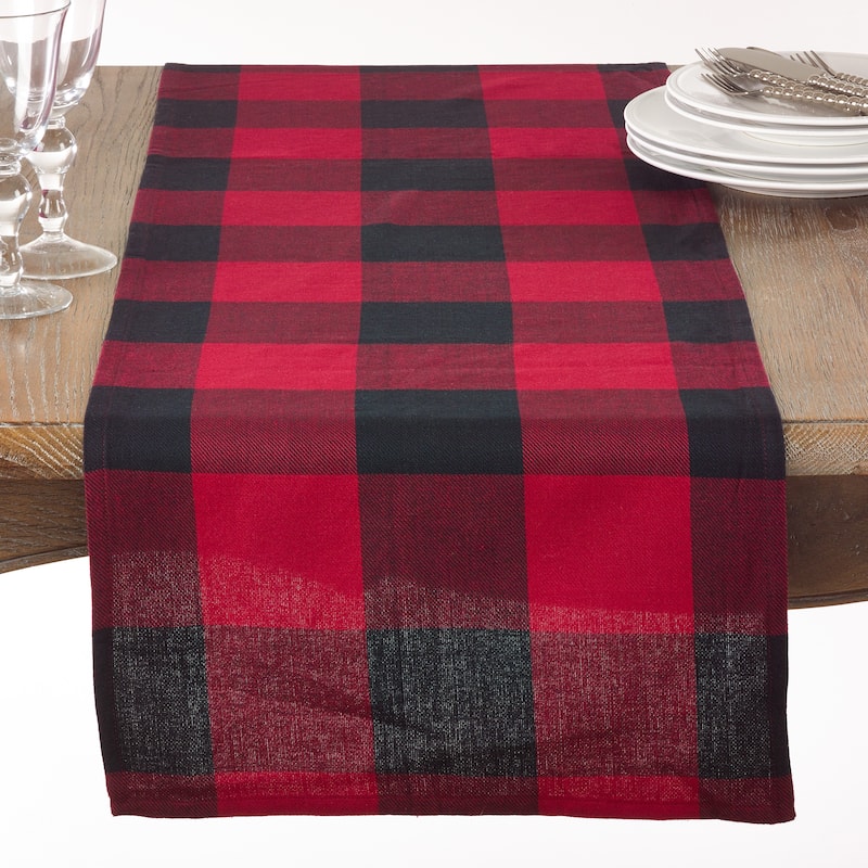 Cotton Table Runner With Buffalo Plaid Pattern - Red - 16 x 108