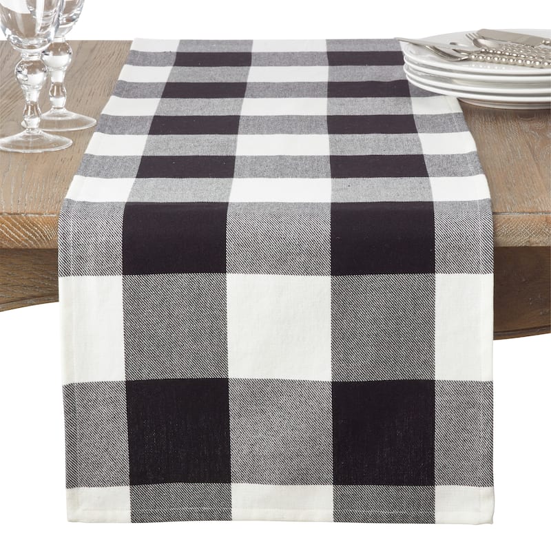 Cotton Table Runner With Buffalo Plaid Pattern - Black - 16 x 72
