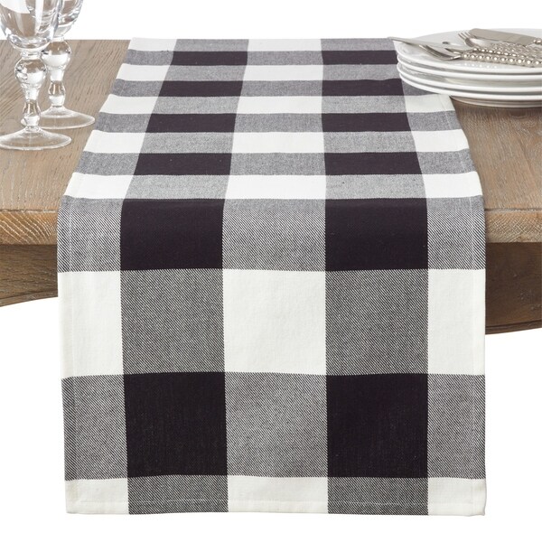 Table Runner Gingham Buffalo Check Black And White Grey Geometric Cotton Sateen 