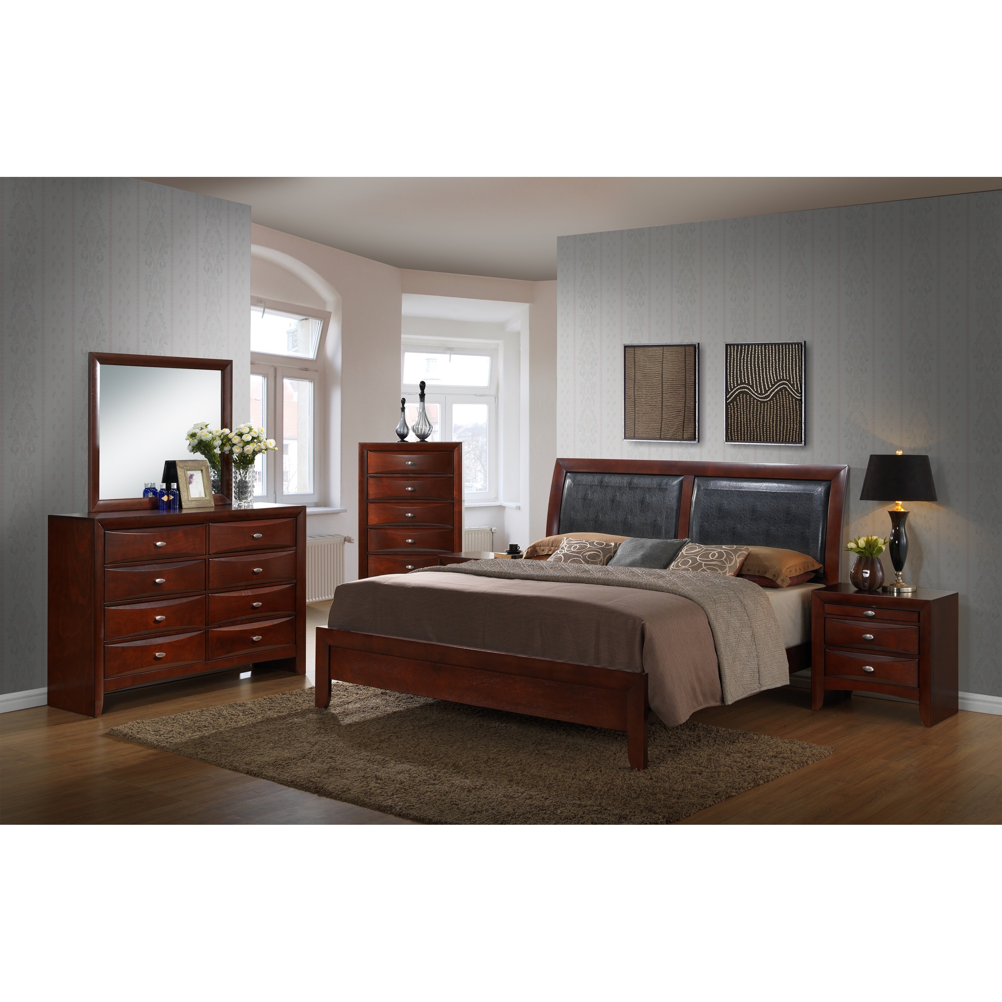 Emily Contemporary Wood Bedroom Set With Bed Dresser Mirror 2 Night Stands Chest Queen Merlot