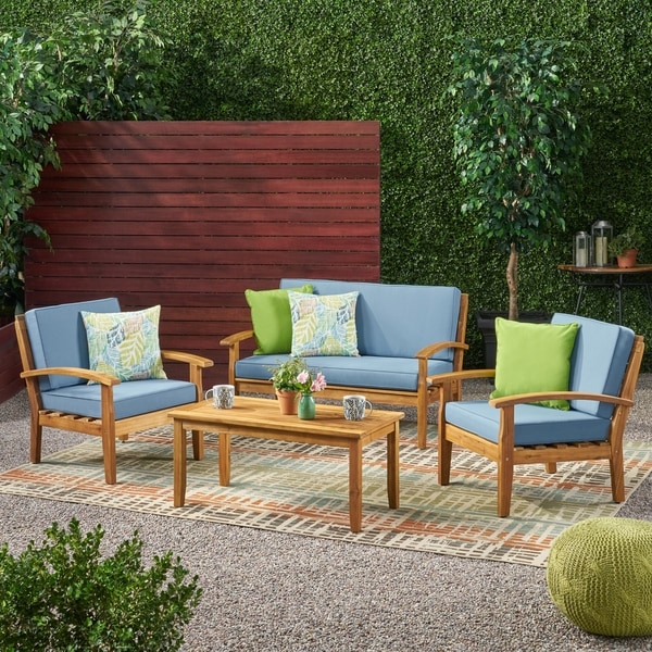 Peyton 4-piece Outdoor Wooden Chat Set with Cushions by Christopher Knight Home