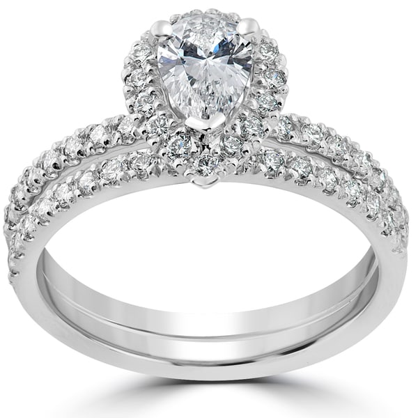 14k white gold 1 110ct tdw pear shape halo diamond engagement wedding ring set - Pear Shaped Wedding Ring Sets 14k white gold 1 110ct tdw pear shape halo diamond engagement wedding ring set - Pear Shaped Wedding Ring Sets
