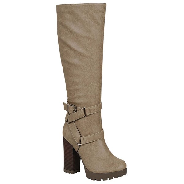 cross strap block heel knee high boots