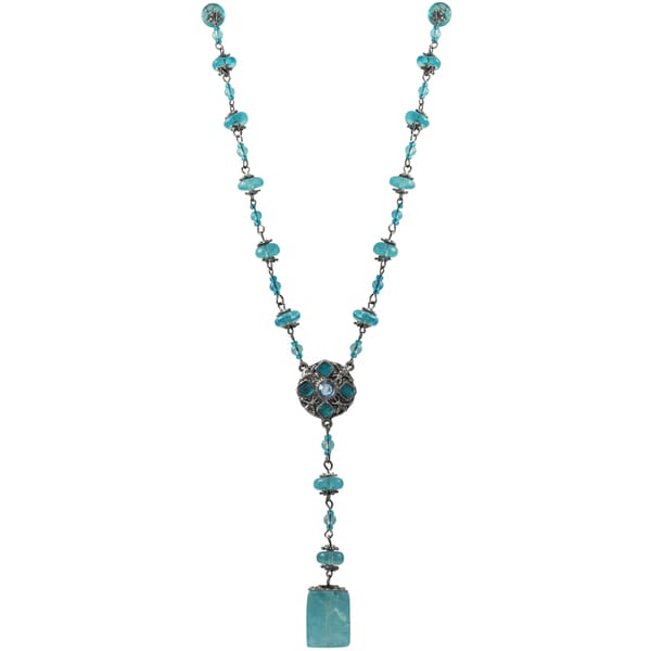 Luxiro Pewter and Lucite Bead Medallion Y Necklace