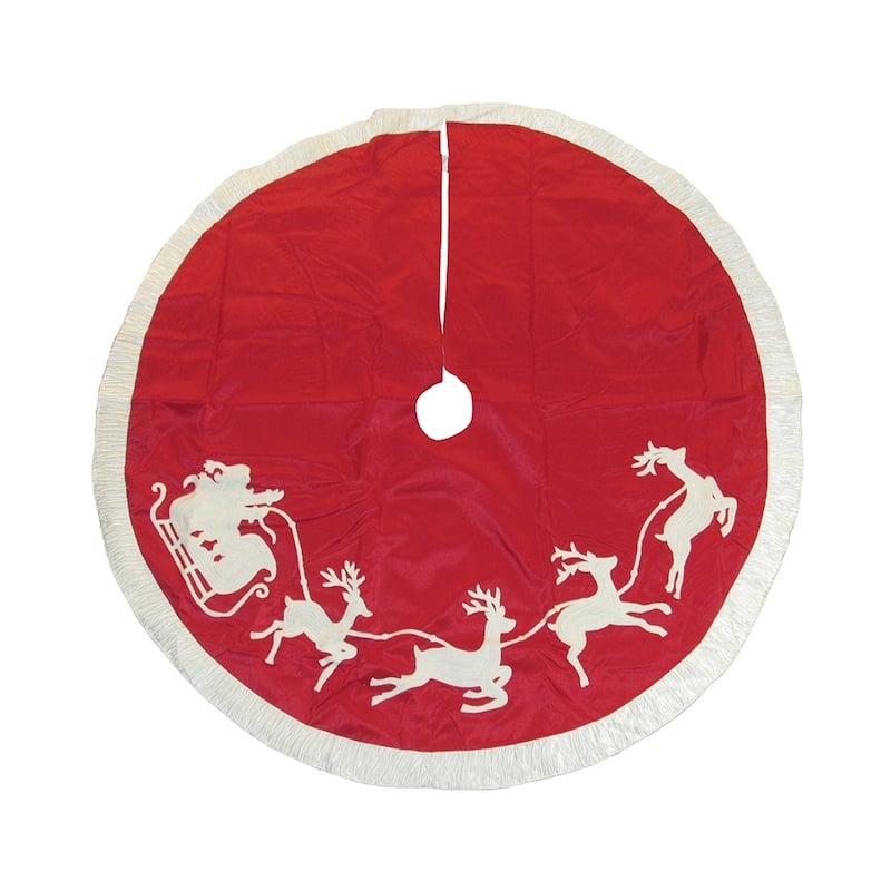Kurt Adler 50-Inch Red and White Santa Sleigh Embroidered Treeskirt