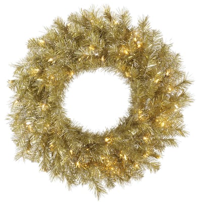 Gold/Silver 24-inch Tinsel Wreath with 50 Clear Lights