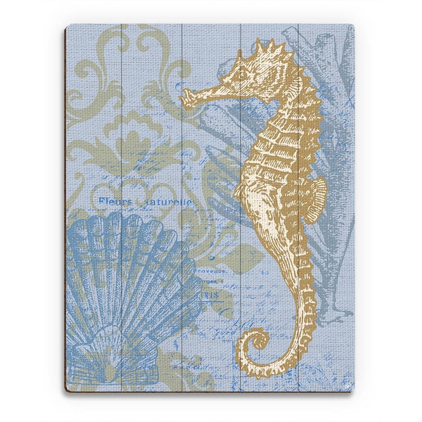 'Damask Seahorse' Blue Wood Wall Art
