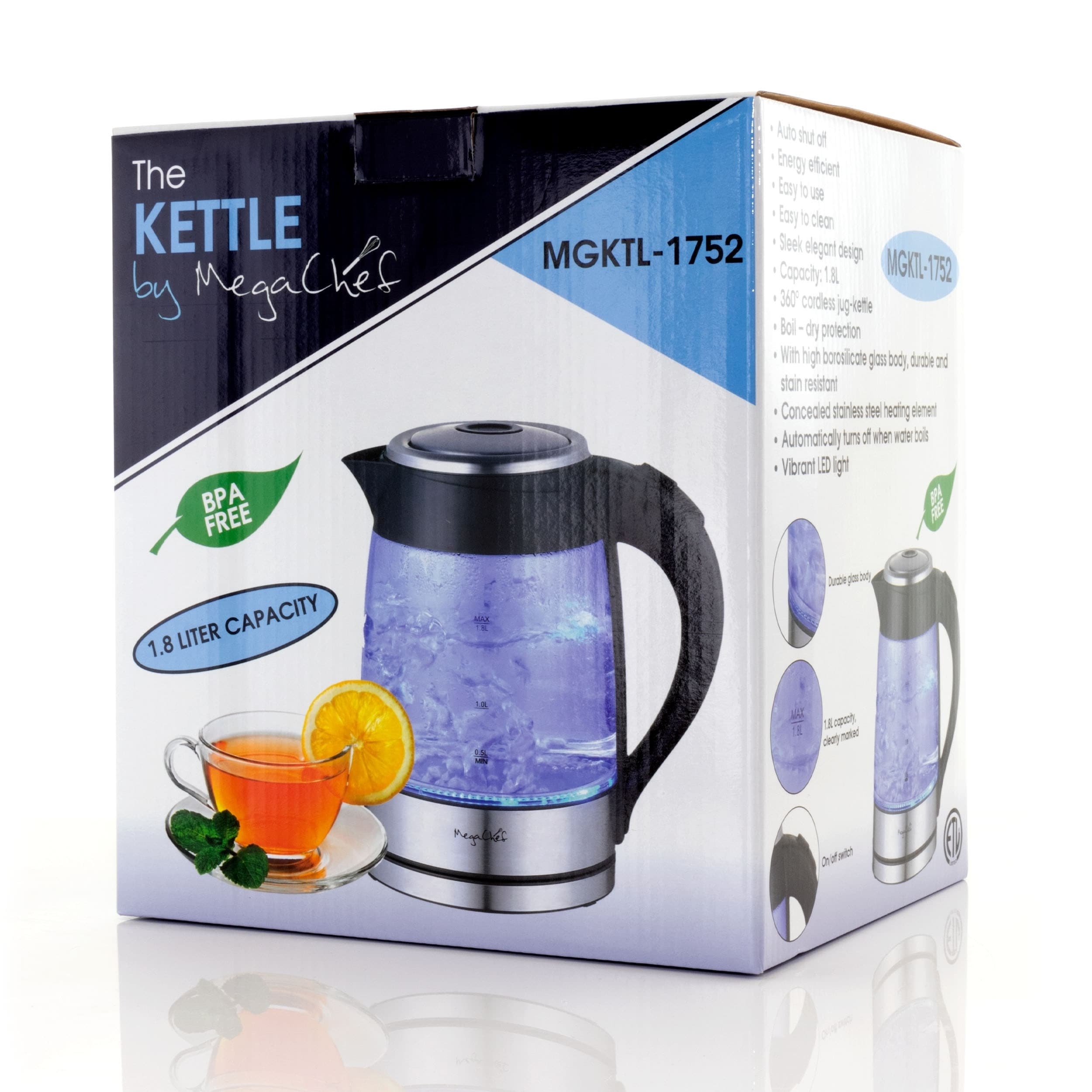 MegaChef 1.7Lt. Glass and Stainless Steel Electric Tea Kettle 