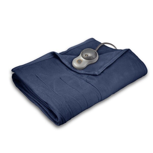 Sunbeam Quilted Fleece Heated Queen Blanket, Newport Blue. Opens flyout.