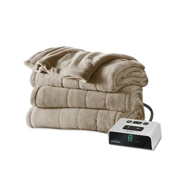 Sunbeam Channeled Microplush Heated Twin Blanket, Mushroom Overstock