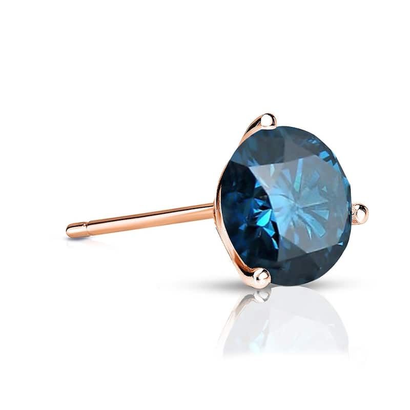 Auriya 1/2ctw 3-Prong Martini Round Blue Diamond SINGLE (1) Stud Earring 14k Gold - Rose