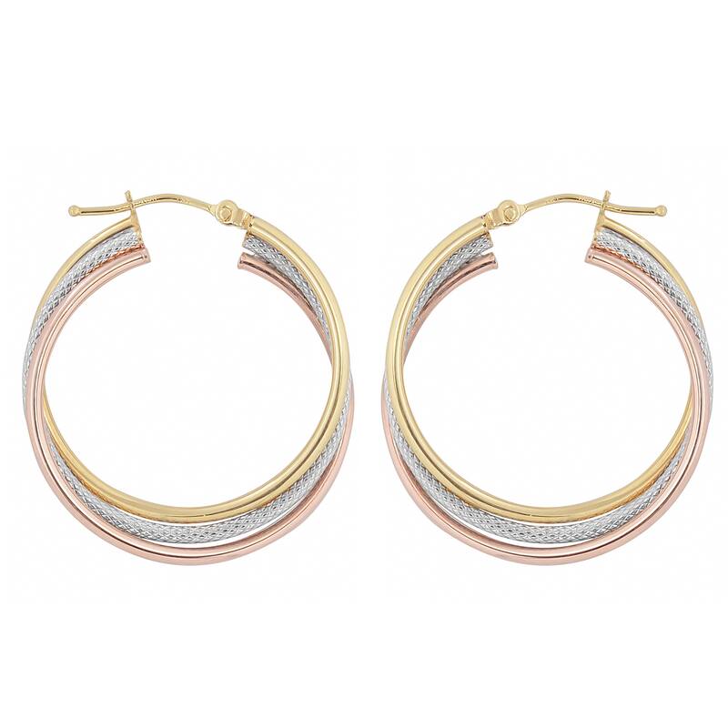 Fremada Italian 14k Tri-color Gold Interlocking Triple Hoop Earrings
