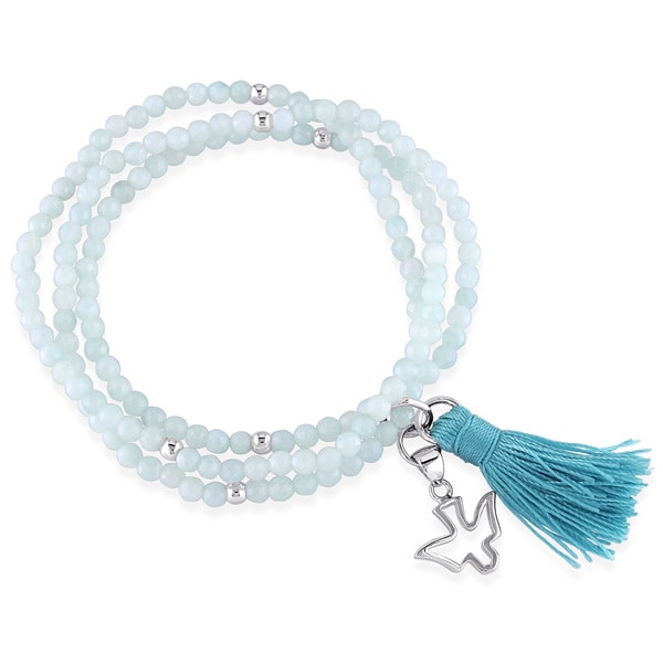 Miadora Amazonite Green Tassel and Dove Charm Bead Bracelet in Sterling Silver - Blue. Opens flyout.