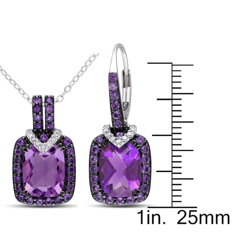 Miadora Cushion-Cut Amethyst-Africa and 1/8ct TDW Diamond Leverback Earrings and Necklace Set in Sterling Silver (G-H, I2-I3)