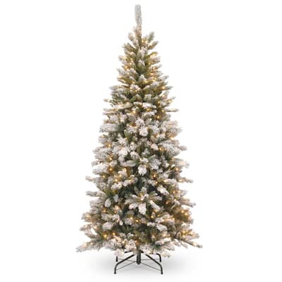 National Tree Company 7.5 ft. Snowy Mountain Pine Slim Pine Tree with Clear Lights - 7.5 Foot