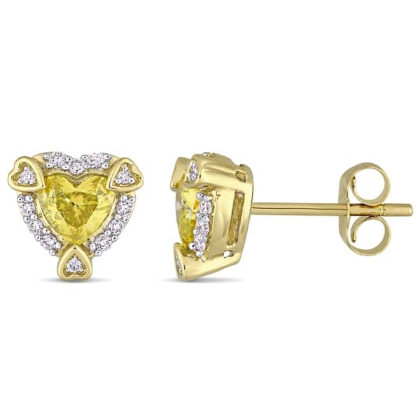 slide 1 of 3, 3/4ct TDW Diamond Heart Halo Stud Earrings in 14k Yellow Gold by The Miadora Signature Collection