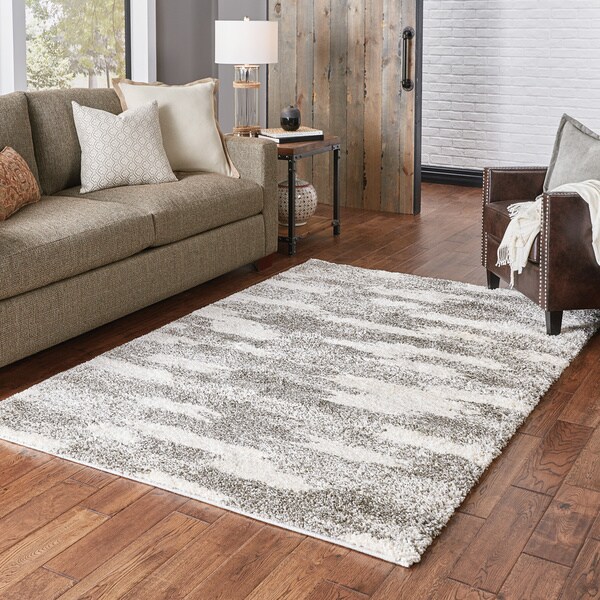 Porch & Den Newstead Ivory and Grey Blocks Shag Area Rug - 3'10" x 5'5"