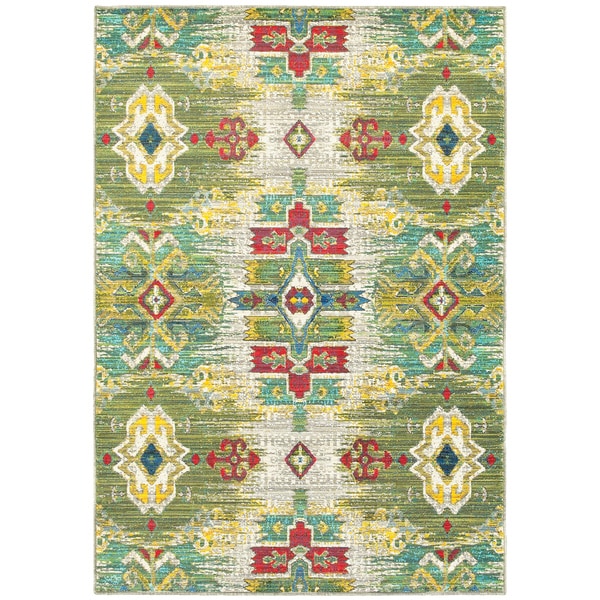 Updated Ikat Traditional Stone/ Green Area Rug (3'10 x 5'5) - 3'10" x 5'5"