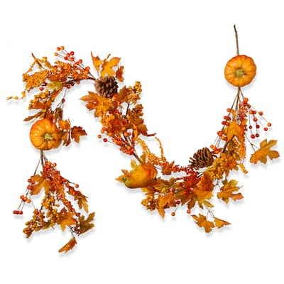 National Tree Company Artificial Autumn Garland with Pumpkins, Pinecones, Berry Clusters, Maple Leaves, 6 feet - 6 ft