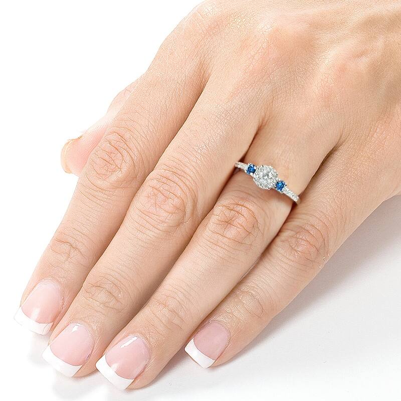 Annello by Kobelli 14k White Gold 2/5ct Blue and White Diamond Three Stone Engagement Ring