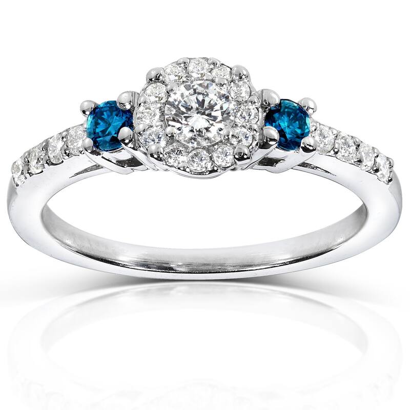 Annello by Kobelli 14k White Gold 2/5ct Blue and White Diamond Three Stone Engagement Ring