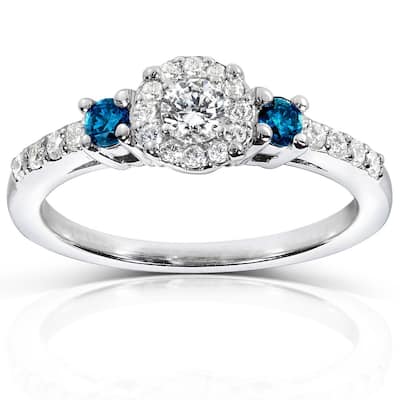 Kobelli 0.43 Carats Blue & White Diamond Solid 14k White Gold Three Stone Cluster Engagement Ring