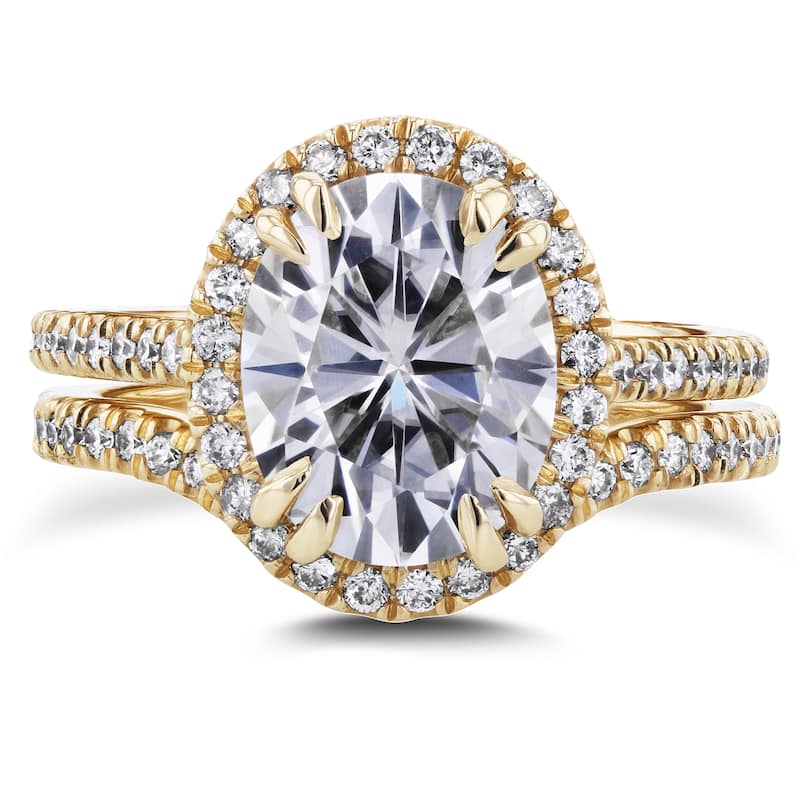 Annello by Kobelli 14k Yellow Gold 3ct Oval Moissanite and 3/5ct TDW Diamond Halo 2-Piece Bridal Set