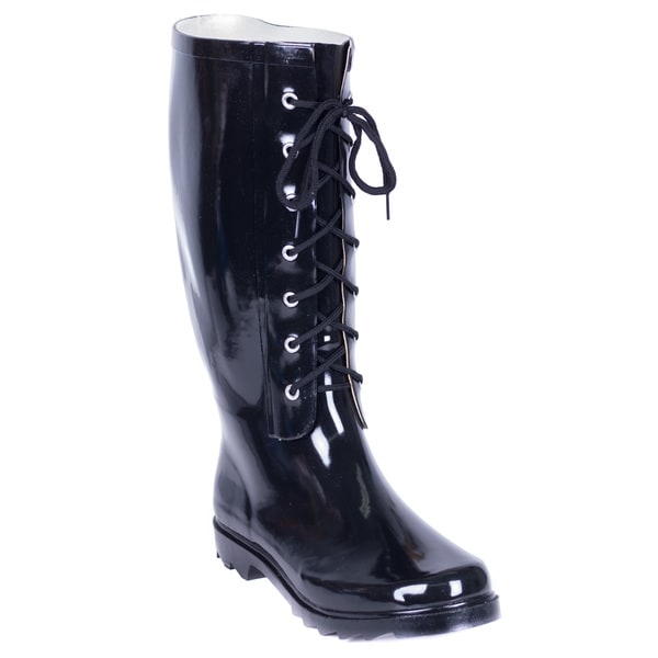 Black Rubber Lace-up Rain Boots 