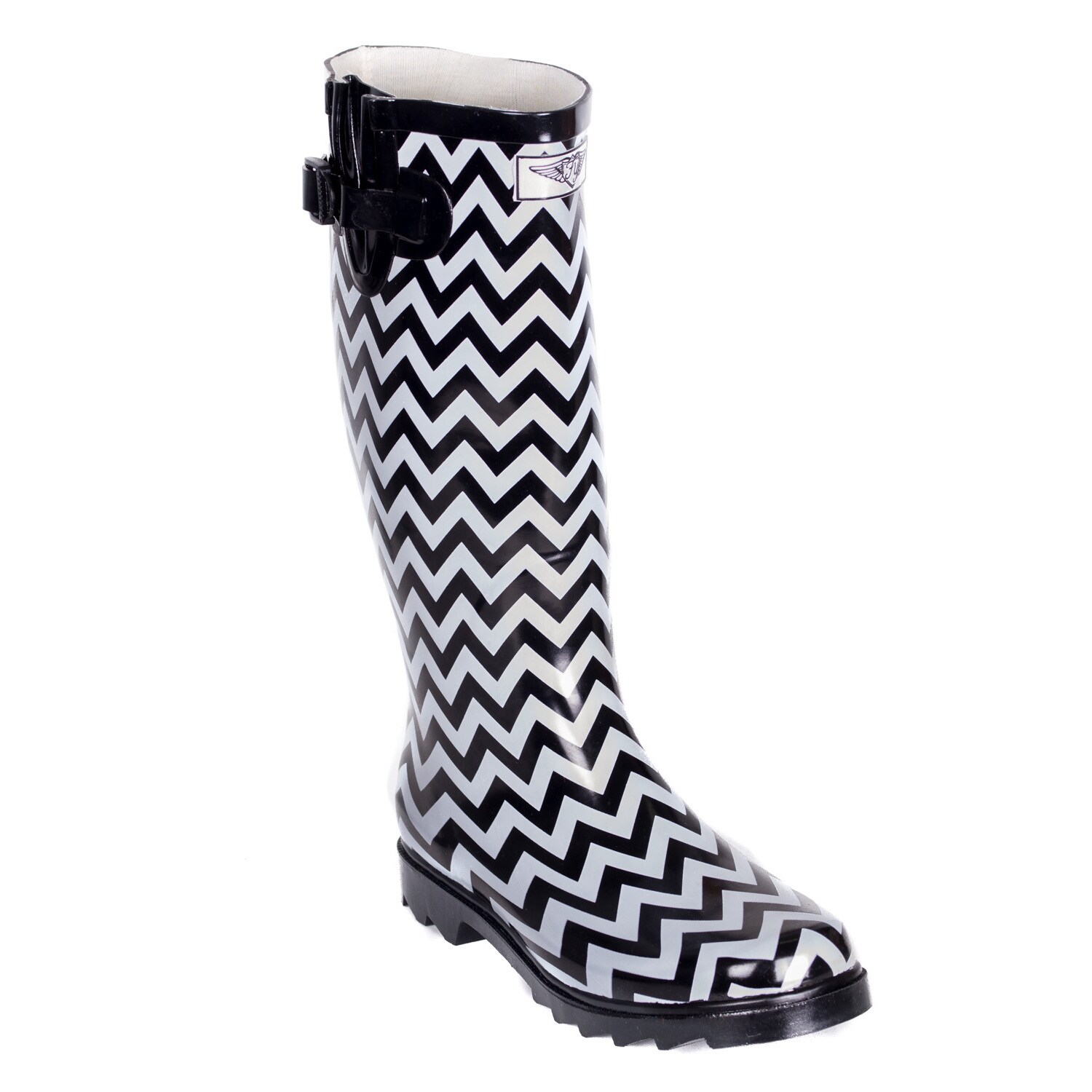 white and black rain boots