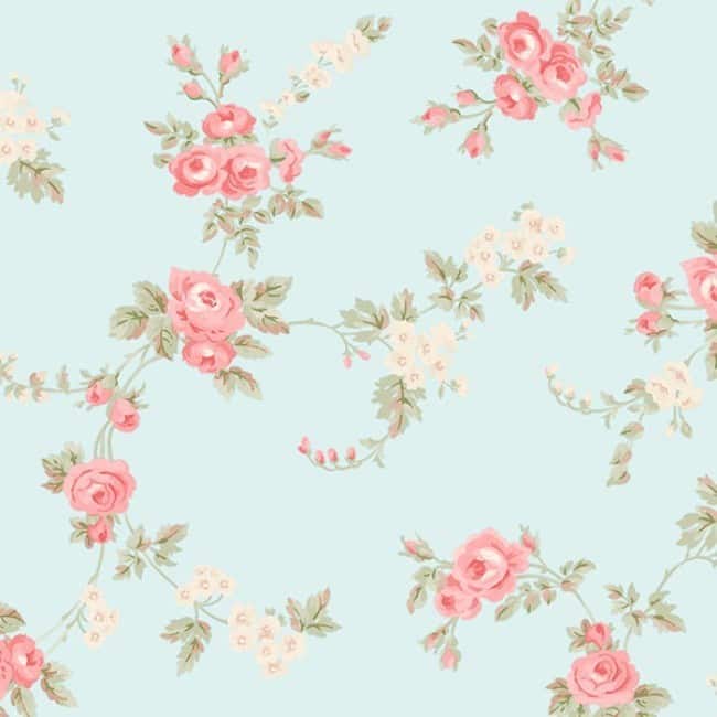Chic Rose Wallpaper in Turquoise, Rose, Red & Green